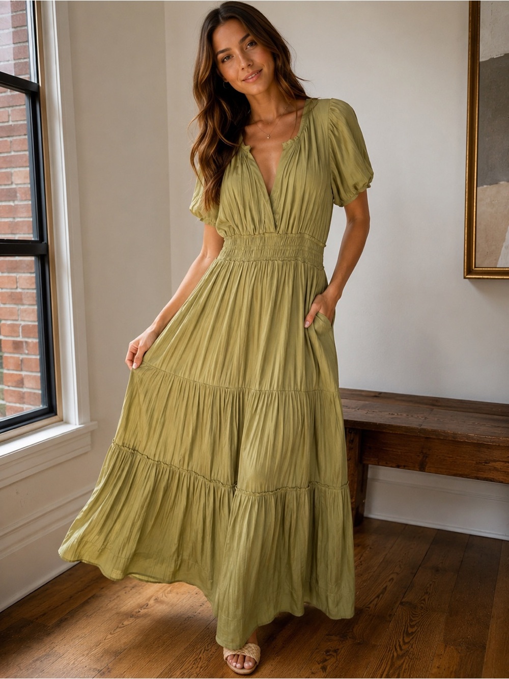 Anthropologie Olive Green V-Neck Tiered Maxi Dress